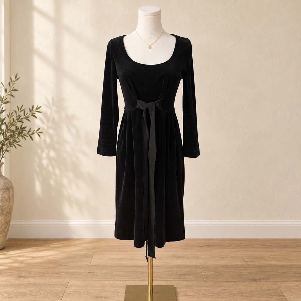 Juicy Couture Black Velour Babydoll Dress Small Y2K Tie Waist 3/4 Sleeve